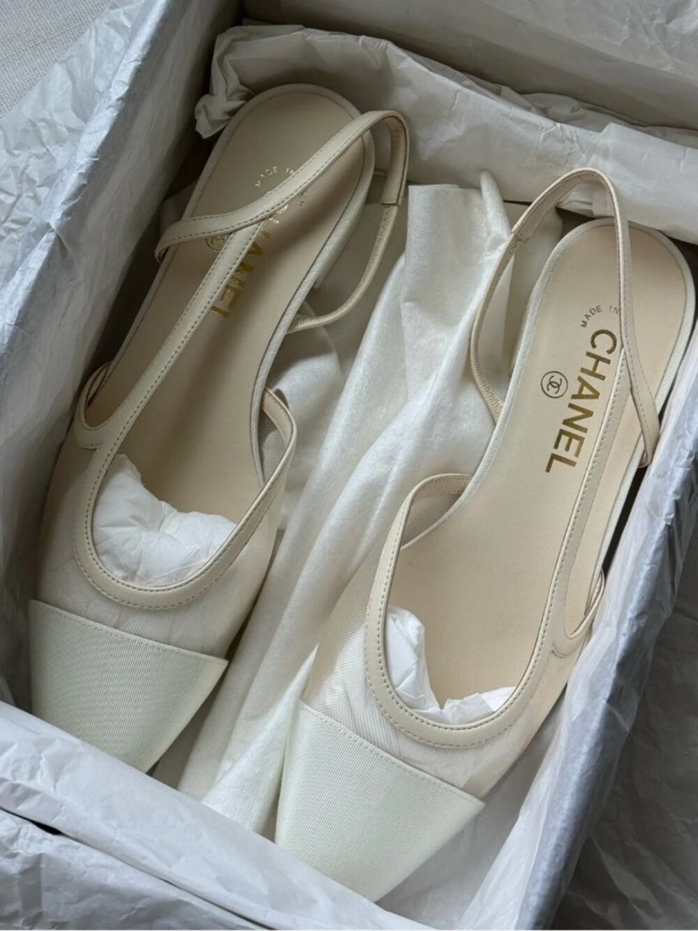 Chanel Mesh Slingback Two‑Tone Flat Sandals